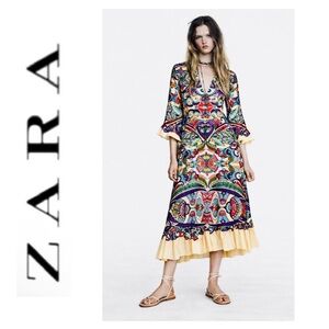 NWOT Zara Multicolored Paisley Floral V-Neck Midi Dress